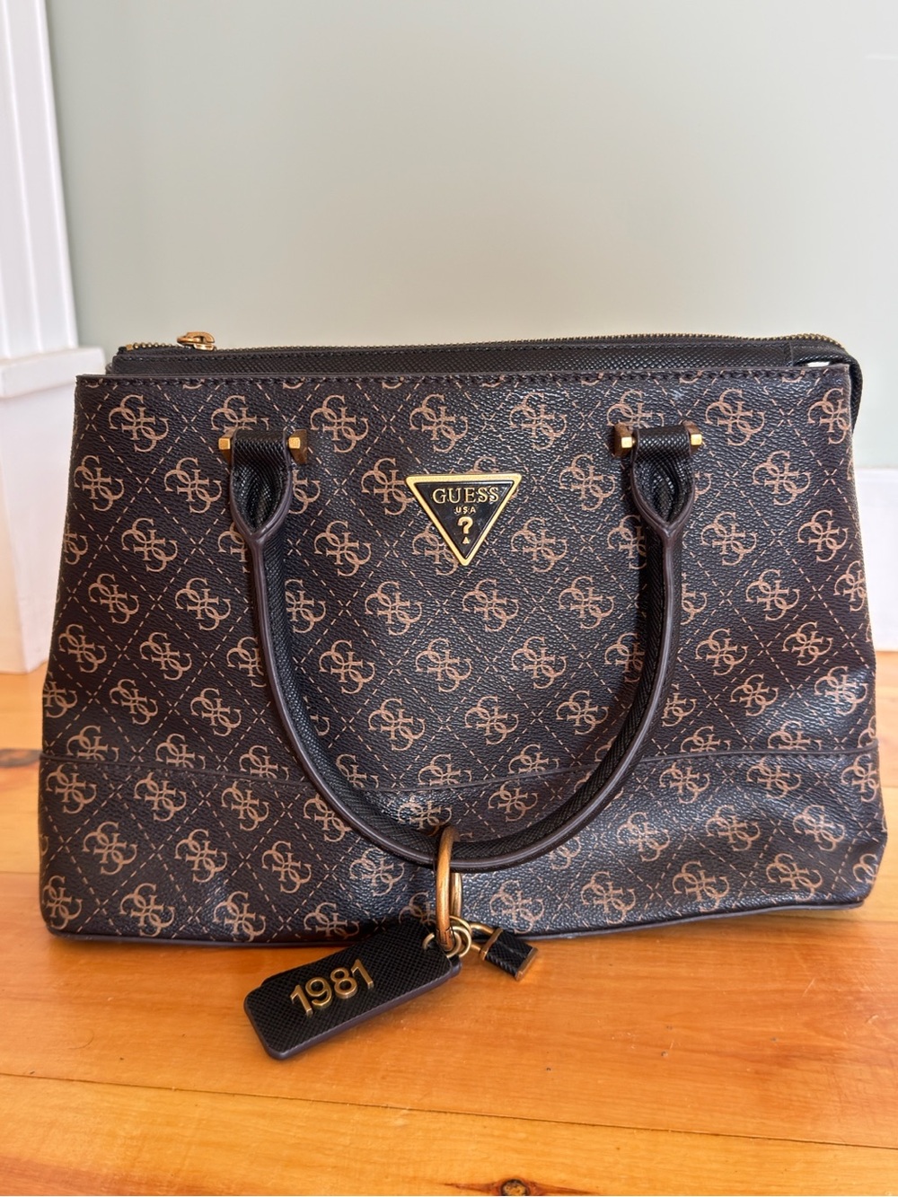 GUESS Brown Monogram Satchel with Black Handles